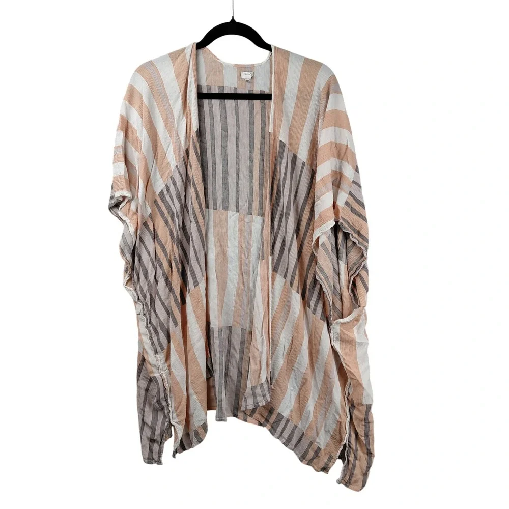 Aerie Striped Kimono Wrap OS Peach Grey Cream Open Front Beach Coverup Viscose